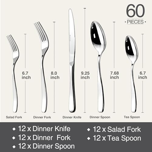 Image of Silverware Set for 12, 60 Piece 18 /10 Stainless Steel Flatware Utensils Cutlery Set, Mirror Polished knives Forks and Spoons Silverware Sets,Dishwasher Safe for Dinner Home Kitchen Wedding Party