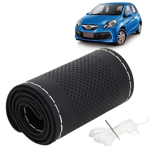Image of KINGSWAY PU Leatherite Car Steering Cover Sewable Compatible with Honda Brio (Year 2011-2019), Black Color with Silver Thread, Pack of 1 with Sewing Needle and Thread
