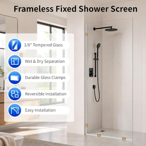 Image of DeerValley 36 inchx78 inch Frameless Shower Glass Panel, Brushed Gold | 3 /8'' Thick Tempered Glass, Stainless Steel Clamps, Reversible Installation, Easy to Clean