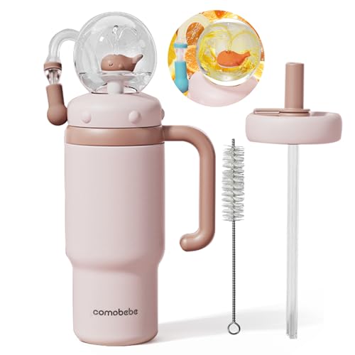 Como bebe 24oz 316 Stainless Steel Whale Fountain Sippy Cup Insulated Whale Squirt Tumbler with Handle Leak Proof Straw Cup with 2 Types Lids Fits Car Cup Holder for Kids Teens Adults(dusty pink)