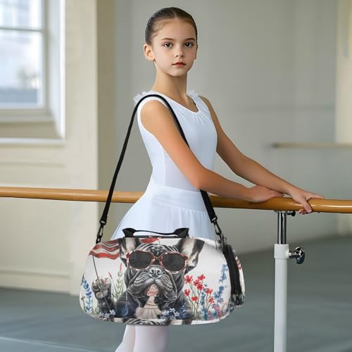 Duffle Bag for Boys or Girls with Shoes Compartment, Bulldog American Flag Sports Travel Bag Overnight3