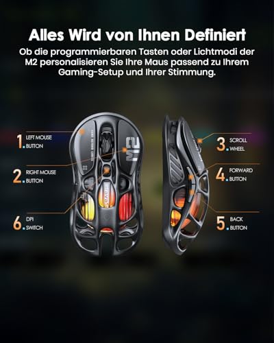GravaStar Mercury M2 Gaming Maus Kabellos mit 26.000 DPI, PAW3395 DM Sensor, 79 g Ultraleicht, 5 RGB-Modi, 5 programmierbare Tasten, Tri-Mode (2,4 GHz/Bluetooth/Kabel), für PC/Mac – Schwarz 6