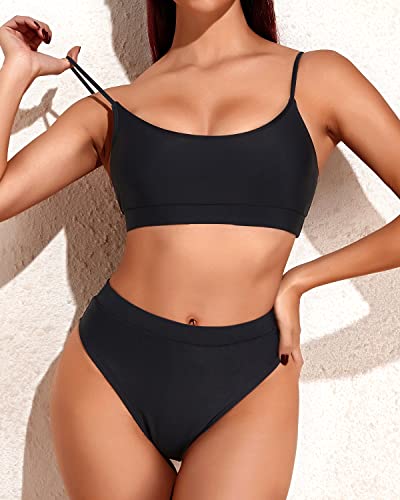 Tempt Me Black Two Piece High Waisted Bikini Sporty Scoop Neck Swimsuits For Women High Cut Bathing Suit With Bottom M #TOP3