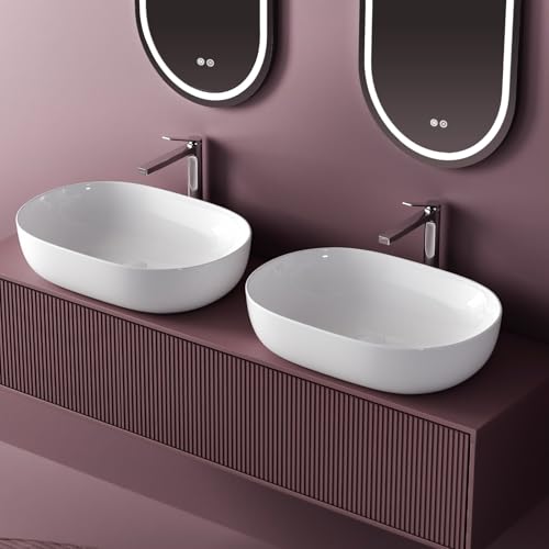 EMKE Waschbecken – Aufsatzwaschbecken Oval, 60 x 41 x 13 cm, Weiß, Kratzfest Waschbecken Bad, Leicht zu Installieren & Reinigen, Waschtisch für Bad & Gäste-WC