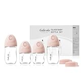 Gulicola Natural Glass Baby Bottles Set 4 Pack, Newborn Girl Breastfeeding Bottles with Slow Flow Nipples, 0 Months+, 3 oz & 5 oz - Pink