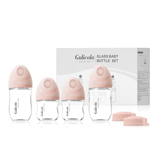 Image of Gulicola Natural Glass Baby Bottles Set 4 Pack, Newborn Girl Breastfeeding Bottles with Slow Flow Nipples, 0 Months+, 3 oz & 5 oz - Pink