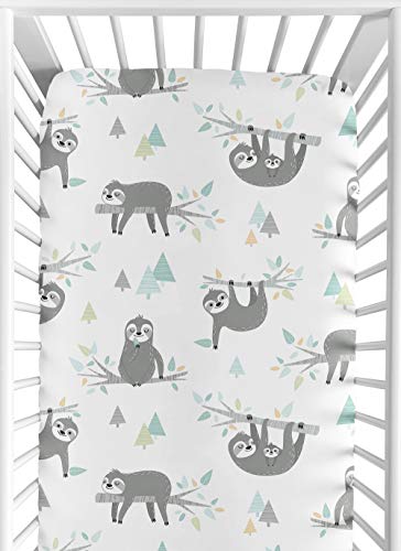 Image of Sweet Jojo Designs Blue and Grey Jungle Sloth Leaf Unisex Boy or Girl Baby or Toddler Nursery Fitted Crib Sheet - Turquoise, Gray and Green Botanical Rainforest