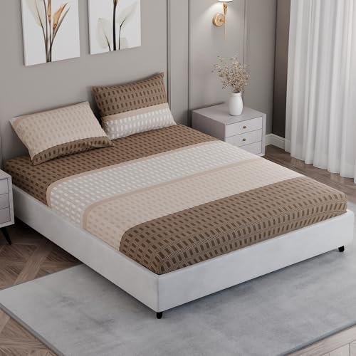 Image of BLISSHOME SoftTouch 150TC Cotton King Size Fitted Bedsheet with 2 Pillow Covers, Silky Smooth Bedding Set, Breathable, Easy Maintain, Geometric Pattern - Brown (183cm x 198cm + 25cm Drop)