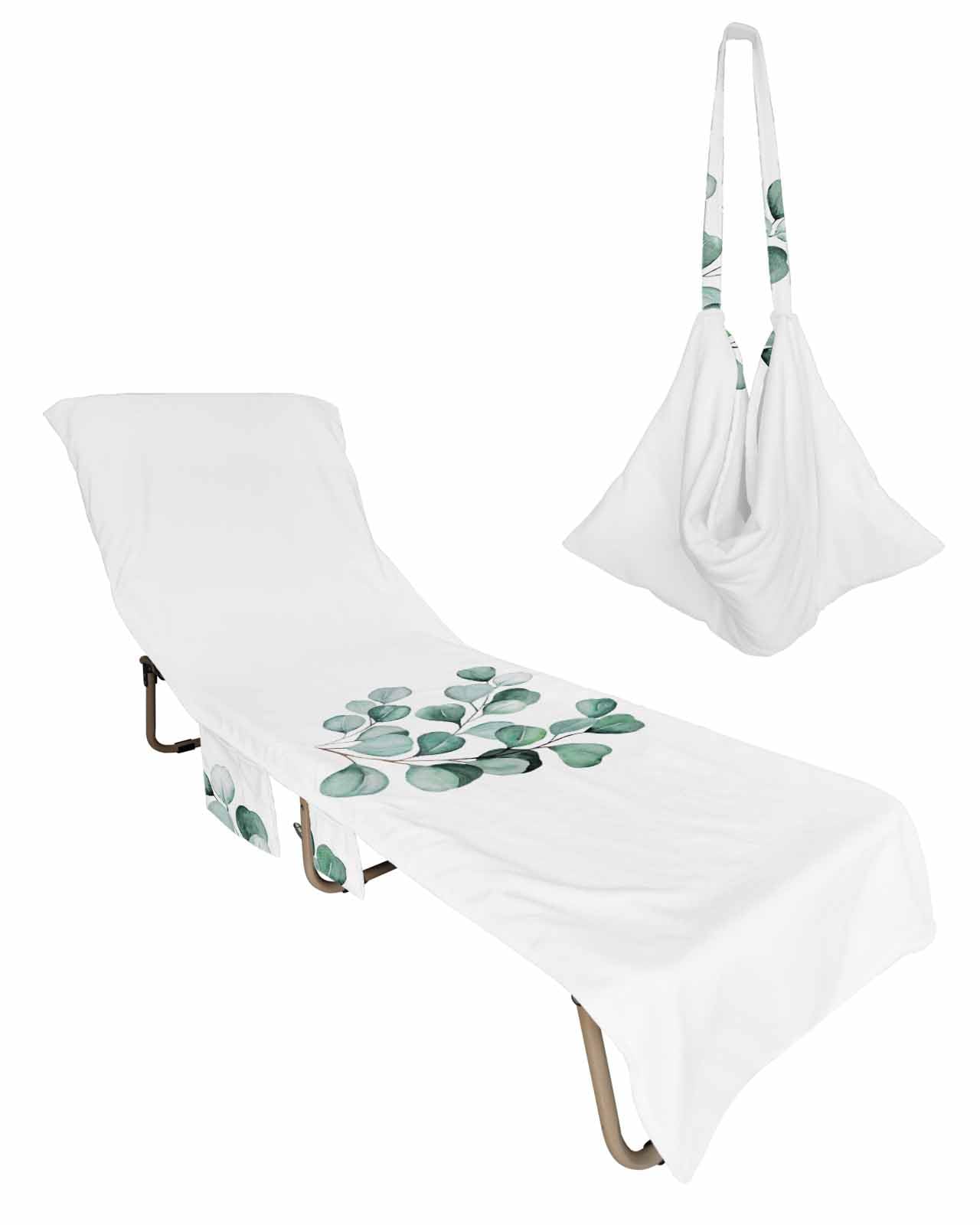 Teal Eucalyptus Leaf Beach Lounge Chair Towel Cover, Soft Chaise Lounge Towel with Side Pockets Patio Pool Chairs Cover for Beach/Pool Sunbathing 29x85 Pastoral Spring Green Botanical