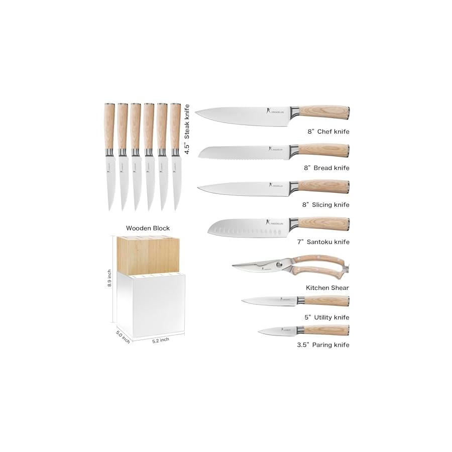Kangdelun 14 PCS White Block Knife Set, Ultra Sharp High Carbon Stainless Steel, Wood Handle