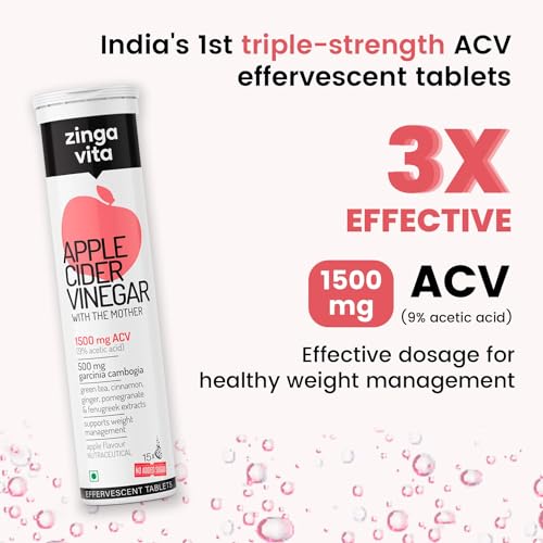 Image of Zingavita 3X Effective Apple Cider Vinegar 1500mg Tablet for Weight Management, With Garcinia, Green Tea, Fenugreek, Cinnamon, Vitamin C, B12 & B6, No Added Sugar - 15 Effervescent Tablets