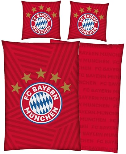FC Bayern München Bettwäsche 5 Sterne Rot 135x200 cm + 80x80 cm 100% Baumwolle Renforcé/Linon Rekordmeister Mia san Mia Allianz Arena Fußball...