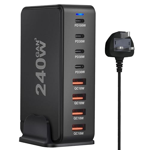 infino 240W USB C Charger Charging Station - 4 Type-C Ports (100W 3x 30W) and 4 USB Ports (QC18W) - GaN Technology - Certified for Macbook iPhone Galaxy iPad Honor and More - 1.5m Power Cord