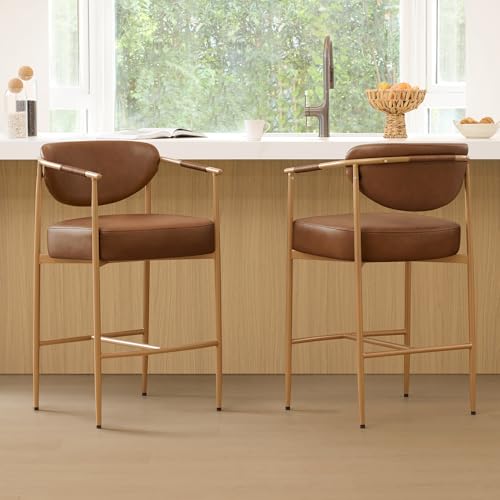 Butacos de altura para barra CHITA, juego de 2, modernos con respaldo y brazos, patas metálicas, tapizados en cuero sintético color marrón silla, altura de asiento 27 pulgadas miniatura 1