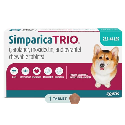 Simparica Trio (sarolaner, moxidectin, and pyrantel chewable Tablets) Chewables for Dogs, 24 mg/tab, 22.1-44 lbs, (Blue), 1 Tablet