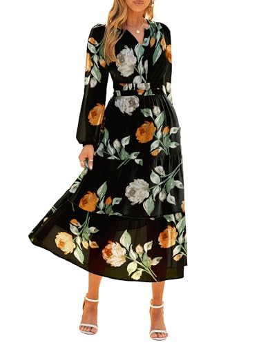 Simplee Maxikleid für Damen, Blumenmuster, Boho, lange Ärmel, V-Ausschnitt, Empire-Taille, Swing, fließend, Hochzeitsgästekleid, Schwarz, floral,...