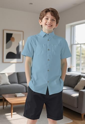 YUYAPA Boys Button Down Shirt Casual Short Sleeve Woven Shirts with Two Pockets for Kids 6-14 Years3