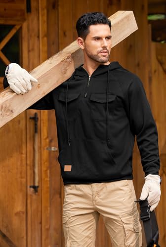 Men's Workout Hoodies Chic Pullover Long Sleeve Raglan Hooded Warm Pockets Sweatshirt Black L3