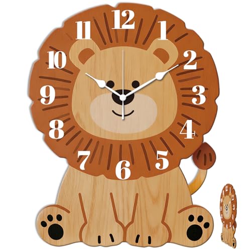 Image of CONCHLERY Wall Clock Lion Pattern Non-Ticking Clock Cartoon Style Irregular Shape Decorative Clocks Flat Printing Wall Clocks for Home Office Decoration, 12.59x16.14 inch