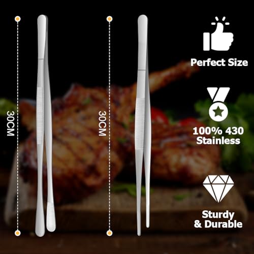HOTUT Cooking Tweezers Tongs Precision Serrated Tips,2pcs 30cm Kitchen Cooking Tweezers Culinary,Stainless Steel Long Tweezer Tongs,Straight Tweezers Kitchen Tool for BBQ,Plating and Serving (Silver) - Image 2