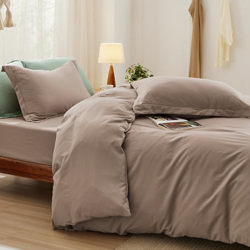Image of Bedsure Duvet Cover Full Size with Fitted Sheet - 4 Pieces Prewashed Polyester Extra Soft Bedding Set, Includes 1 Duvet Cover 80''x90'' with Zipper Closure, 2 Pillow Shams, 1 Fitted Sheet, Khaki