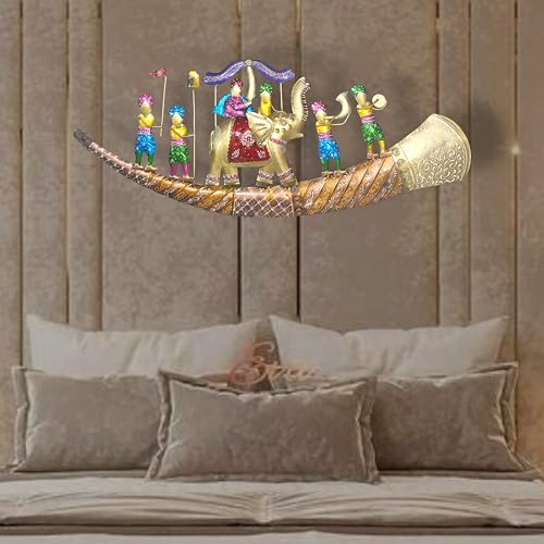 Image of Metal Wall Art for Living Room | Rajasthani Elephant Wall Decor | Handcrafted Iron Wall Hanging | Traditional Indian Home Decoration | Colorful Royal Procession Wall Art with LED Backlight (44*19inch)