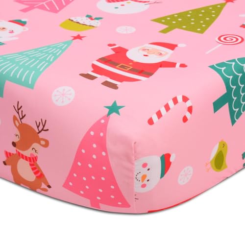 Cloele Christmas Crib Sheet,Pink,Santa Snowman Animal,52x28in