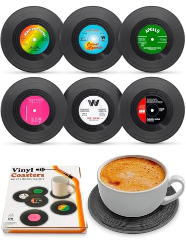 Image of 6Pcs Vinyl Record Coasters for Drinks - 4.1 inch Retro Gift Record Player Coasters for Desk - Durable and Heat-Resistant Mini Vinyl Records Set to Decorate Home Bar, Kitchen or Office