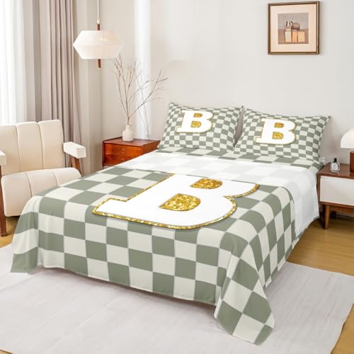 Image of Erosebridal Sage Green Checkered Sheet Set King Plaid Initial B Bed Sheets Personalized Monogram Bedding for Kids Boys Girls,Fashion Grids Gingham Bed Sheets Set 4 Piece