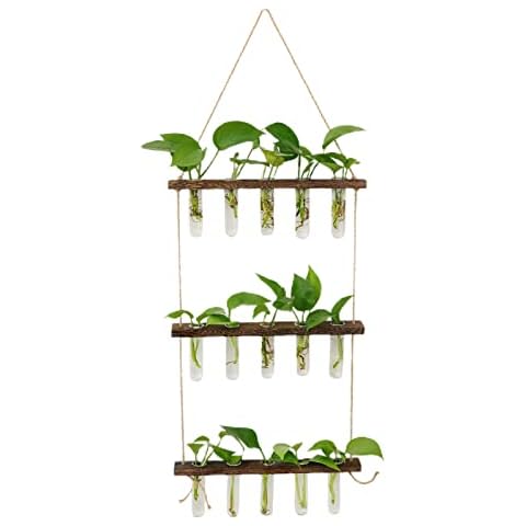DEDEMCO Wall Hanging Planter Terrarium with Wooden Stand,3 Tiered Mini Test Tube Flower Vases Retro Hanging Glass Planter Propagator for Hydroponic Plants Cover
