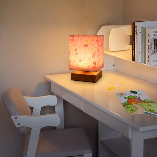 Wetry Kinder Nachtlicht, Touch-Dimmbar, Aufladbar, Holz Basis mit Stoff Lampenschirm, Auto Motiv, LED Tischlampe für Kinderzimmer, 11x11x16,5cm
