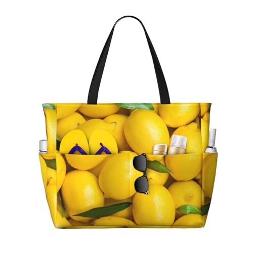 Lemon Large Beach Bag for Women Travel Tote Bags with Zipper and Pocket for Pool Gym Camping