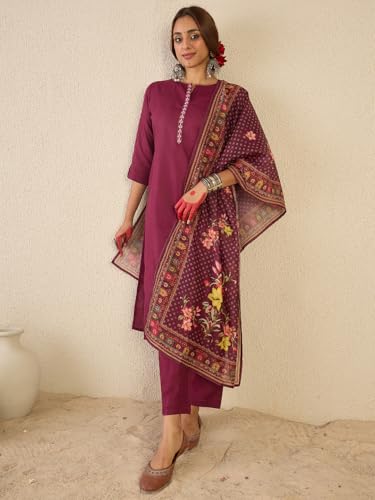 Image of INDO ERA Women's Straight Cotton Blend Ethnic Motifs Embroidered Kurta Pant With Dupatta Set