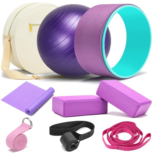 HNCTINNO All in One Yoga Wheel Set, Soft Foam Roller Wheel for Back Pain & Stretching, Yoga Blocks 2 Pack with Strap, Trigger Point Therapy Massage Ball for Deep Tissue, Yoga Starter Kit for Beginner