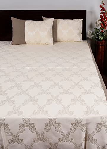 Image of Home The Best Cream Self Design Double Jacquard With 275 TC Chambray Cotton Bedsheets /Designer Bed Covers For King Size Bed With 2 Pillow Cover