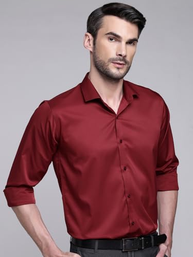 Image of IndoPrimo Men's Satin Shirt with Spread Collar Neck Line Solid Pattern Full Sleeves Regular Fit Western Style and Standard Length