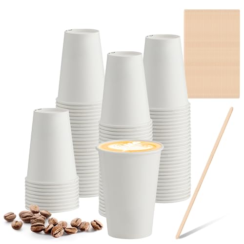 GoCups Vasos cafe desechables 100 unidades con paletinas de madera | 220 ml estilo coffee cup | Vasos carton desechables ecológicos | Vasos papel blancos para bebidas calientes y frías (100 Vasos)