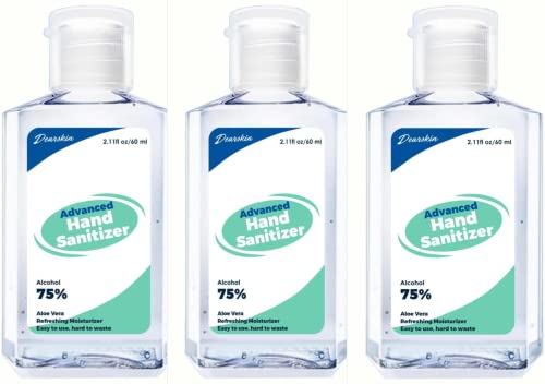 Hand Sanitizer Dearskin Alcohol 75% Based Gel Infused with Aloe Vera 2oz/60ml, Skin Care Natural Antibacterial, Refreshing Moisturizing, Pure Disinfection, Small Hand Sanitizer (3 Pack)