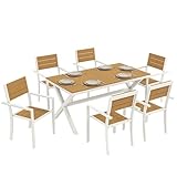 STRUTTURA RESISTENTE ALLE INTEMPERIE: I telai in alluminio leggero con rivestimento in polvere del set tavolo e sedie da giardino offrono resistenza alla ruggine e all'acqua, mentre le doghe in composito legno-plastica riproducono l'aspetto del legno massiccio senza rischio di deformazioni o corrosione. Perfetto per momenti rilassanti all'aperto con manutenzione ridotta.