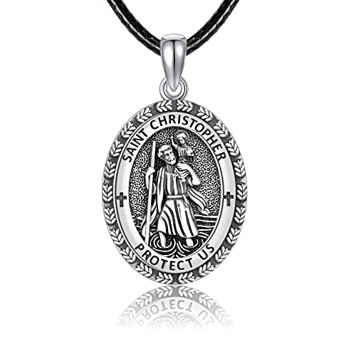 Yafeini Saint Christopher Necklace Sterling Silver St Christopher Medal Necklace Religious Amulet Pendant Necklace Religious Jewelry Gifts For Men Women #TOP22
