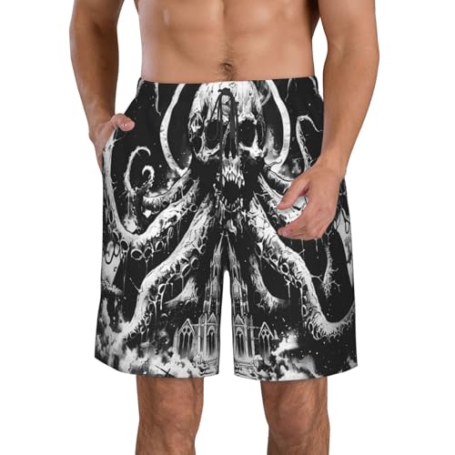 Men's Quick Dry Swim Shorts Skull Octopus Horror Gothic Deathdark Fantasy Vintage Beach Trunks with Pockets