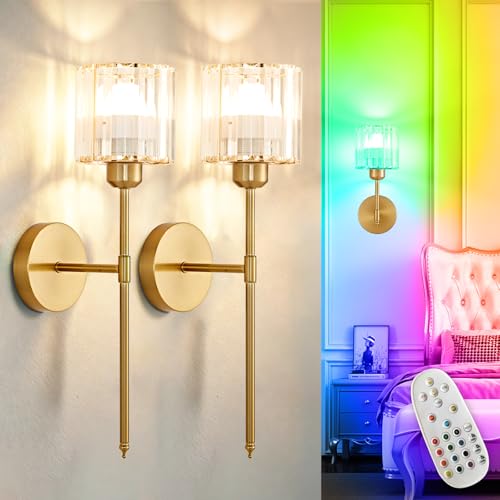 Image of Depuley Battery Operated Wall Sconce: Set of 2 Wireless Crystal Wall Lights with Remote for Bedroom - Rechargeable 15 Colors Gold Wall Lamp for Living Room Hallway Home Decor
