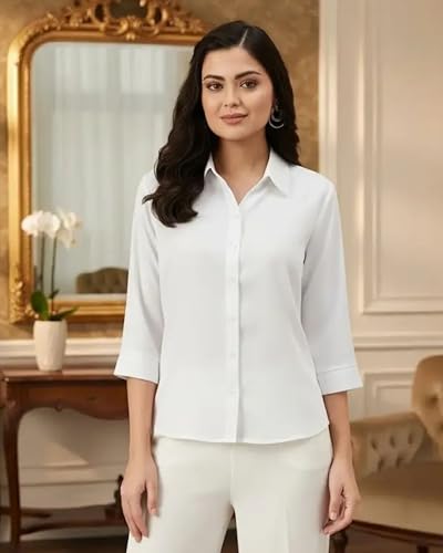 Image of Women's Viscose Rayon Button Down 3 /4 Sleeves Collar Neck Plain Formal Shirt Pack of 1