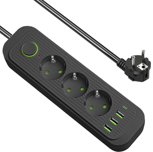 Regleta Enchufes con USB C, Protección sobretensión con 3 Tomas y 3 USB de Carga Rápida y 1 Tipo C, Extensión Protectora Multienchufe Alargador de 2 Metros (F23U Negro)