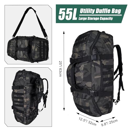Image of Hannibal Tactical 55L Large Duffle Bag, 3-in-1 Tactical Backpack MOLLE Pack for Gym, Sports, Outdoor, Black Camo