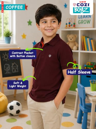 Image of Lux Cozi Boy's Polycotton Polo T-Shirt | Solid Collared Half Sleeve Tee for Kids | Soft Breathable Summer Wear | Casual Smart Polo T-Shirt | 3-14 Years