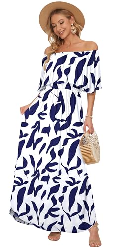 Image of AUSELILY Womens Off Shoulder Ruffle Split Summer Maxi Dresses with Pockets | Off-shoulder Ruffle dress with empire waist & side split for summer beach and casual parties