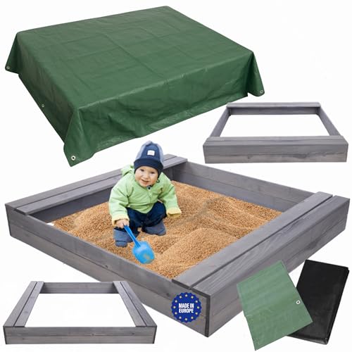 MODO24 Sandkasten mit Sitzbänken und Schutzplane, Holzsandkasten, Gartenspielzeug für Kinder, Sandkasten für Garten, Outdoor Sandkasten mit Bänken, Abmessungen 140x137 cm, Farbe: Grau (imprägniert)