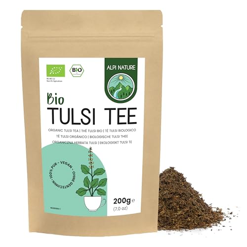 Alpi Nature Tulsi Té 200g, Tulsi Albahaca Sagrada Seca y Frotada, Hojas Sueltas de Tulsi