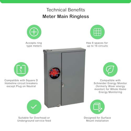 Square D - SC816F200PS Homeline 200 Amp 8-Space 16-Circuit Outdoor Surface Mount Solar-Ready Combination Meter Socket and Main Breaker Load Center